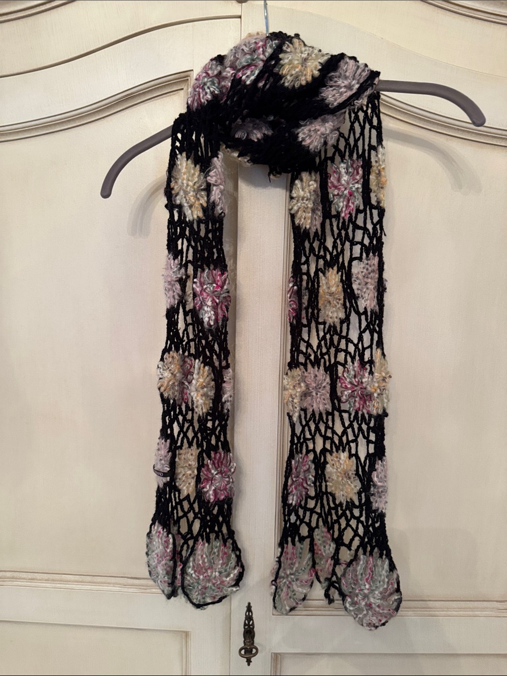 Lucky Brand Black Openwork Crochet Scarf with Pastel Floral Accents